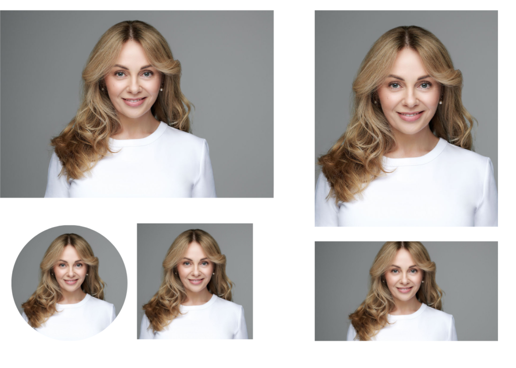 Headshot nuotraukos komponavimo pavyzdys skirtingiems formatams: kvadratas, vertikalus ir horizontalus apkarpymas.